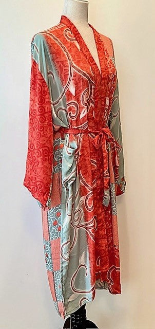 Luxury Silk Mixed Print Kimono Duster Is Seductive (Peach)