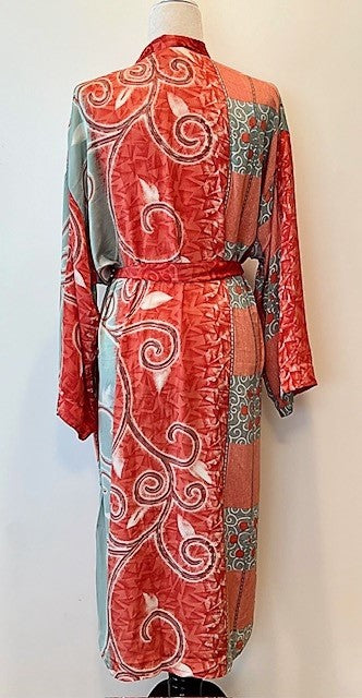 Luxury Silk Mixed Print Kimono Duster Is Seductive (Peach)