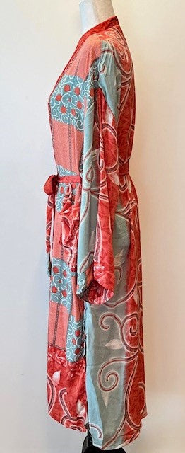 Luxury Silk Mixed Print Kimono Duster Is Seductive (Peach)