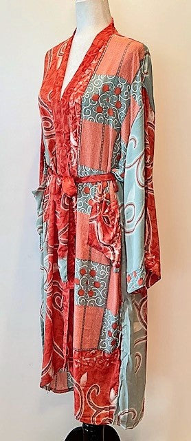 Luxury Silk Mixed Print Kimono Duster Is Seductive (Peach)