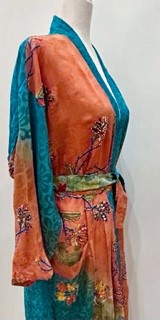 Top of the Line Silk Kimono Duster,  Rich Mixed Print With Embroidery