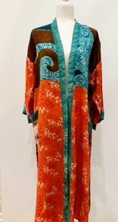 Top of the Line Silk Kimono Duster,  Rich Mixed Print (Orange)