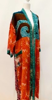 Top of the Line Silk Kimono Duster,  Rich Mixed Print (Orange)