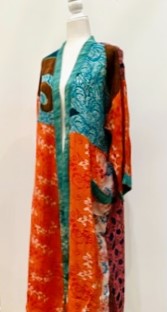 Top of the Line Silk Kimono Duster,  Rich Mixed Print (Orange)