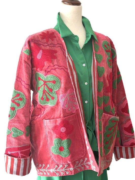 Jacket, Wearable Art In This Hand Embroidered Short Suzani Embroidered Top (Pink)