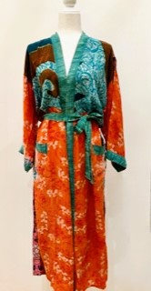 Top of the Line Silk Kimono Duster,  Rich Mixed Print (Orange)