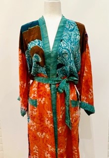 Top of the Line Silk Kimono Duster,  Rich Mixed Print (Orange)