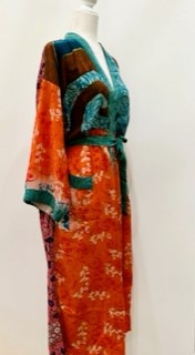 Top of the Line Silk Kimono Duster,  Rich Mixed Print (Orange)