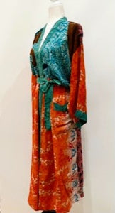 Top of the Line Silk Kimono Duster,  Rich Mixed Print (Orange)