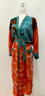 Top of the Line Silk Kimono Duster,  Rich Mixed Print (Orange)