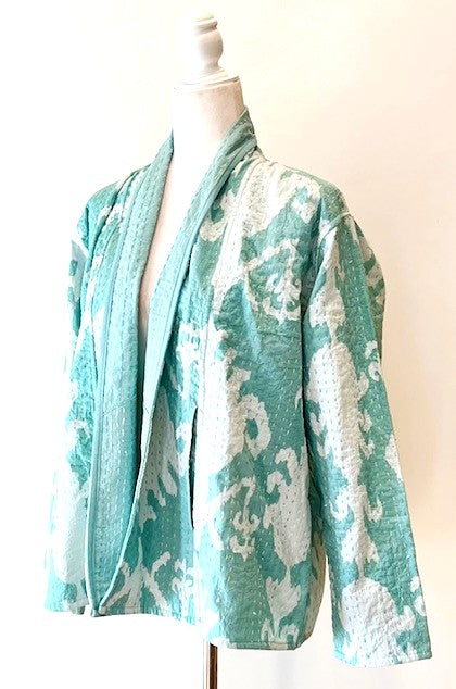 Dreamy Short Designer Wrap Jacket.Is Femine and Fully Reversible (Powder Blue)