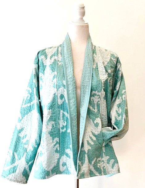 Dreamy Short Designer Wrap Jacket.Is Femine and Fully Reversible (Powder Blue)