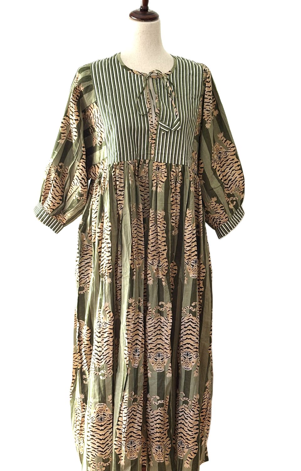 Dresses: Midi Tiger Stripe Block Print Cotton Is So Appealing (Green)