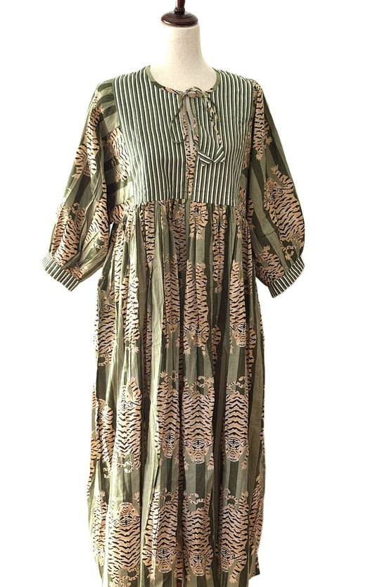 Dresses: Midi Tiger Stripe Block Print Cotton Is So Appealing (Green)