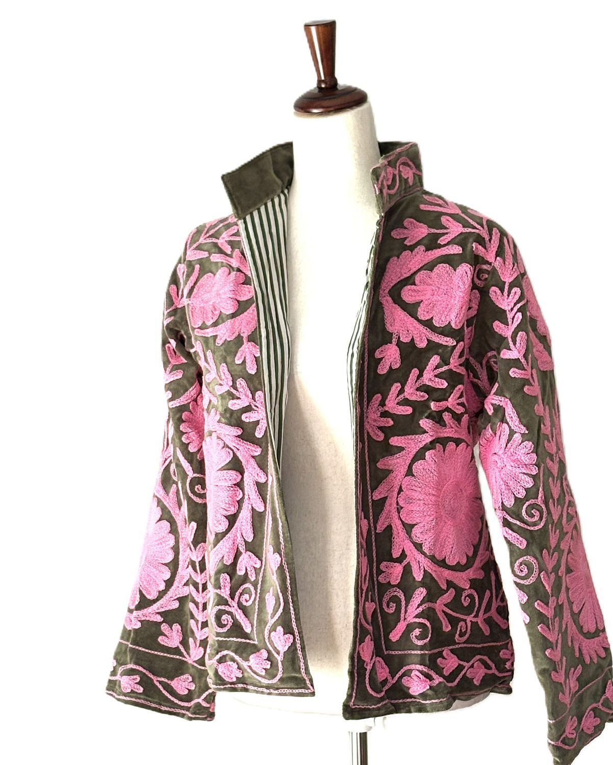 Jacket, Wearable Art In This Hand Embroidered Short Suzani Embroidered Top (Pink Olive)