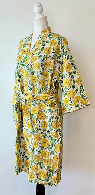 Everyone's Favorite Print.  Crisp Block Printed Short Cotton Kimono (Yellow)