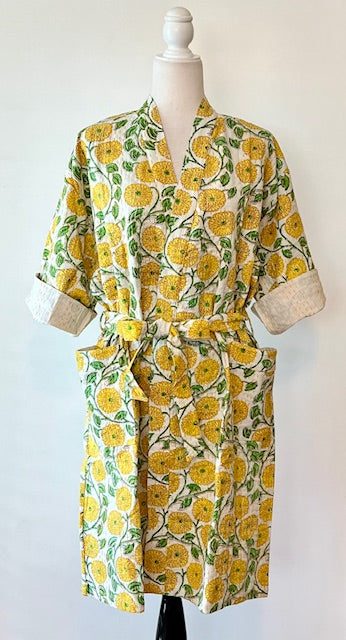 Everyone's Favorite Print.  Crisp Block Printed Short Cotton Kimono (Yellow)