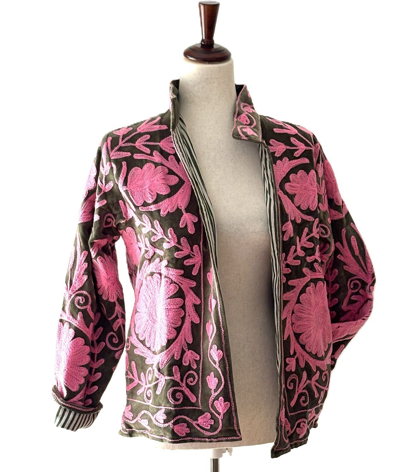 Jacket, Wearable Art In This Hand Embroidered Short Suzani Embroidered Top (Pink Olive)