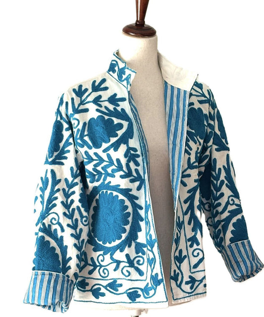 Jacket, Wearable Art In This Hand Embroidered Short Suzani Embroidered Top (Turquoise)
