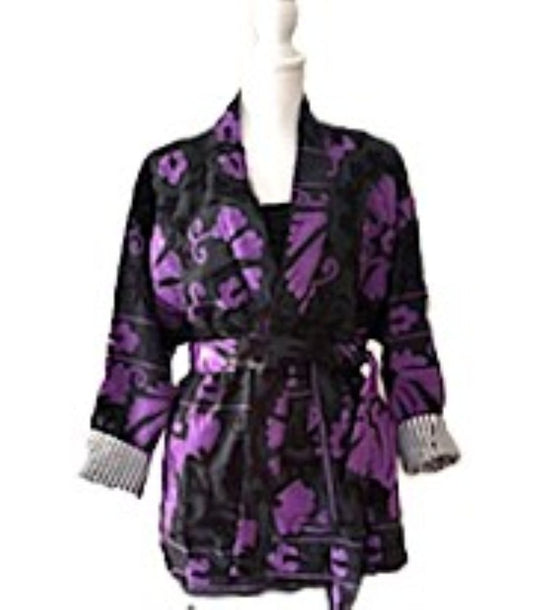 Jacket, Wearable Art In This Hand Embroidered Velvet Short Jacket. (Black Purple)