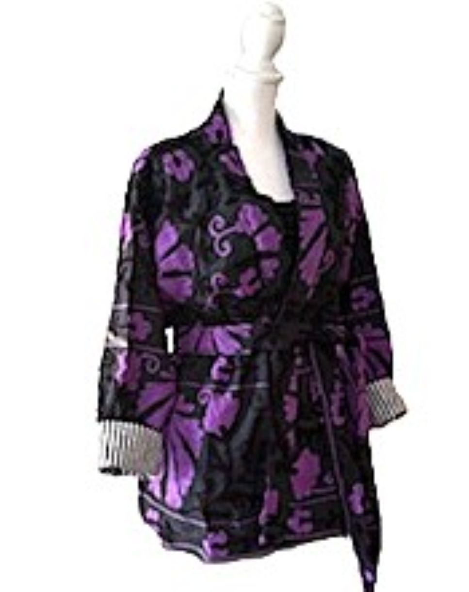 Jacket, Wearable Art In This Hand Embroidered Velvet Short Jacket. (Black Purple)