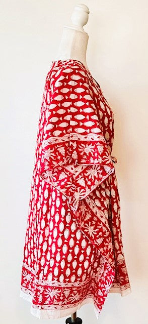 Classic Short Handmade Caftan. Lounging, Beach or Pool Perfect. (Red Fish)