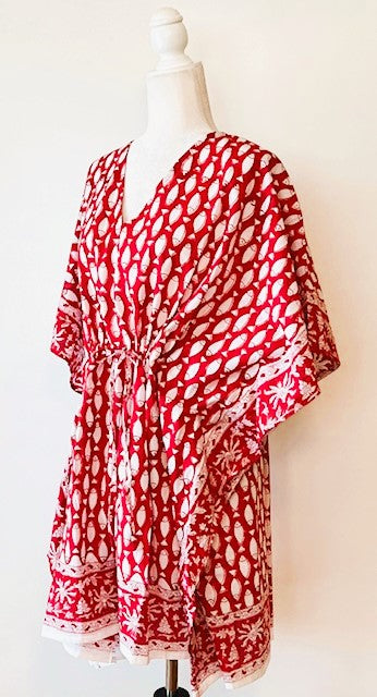 Classic Short Handmade Caftan. Lounging, Beach or Pool Perfect. (Red Fish)