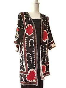 Jacket: Midi Embroidered Dramatic Suzani Top Coat. (Red Black)