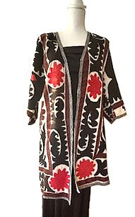 Jacket: Midi Embroidered Dramatic Suzani Top Coat. (Red Black)