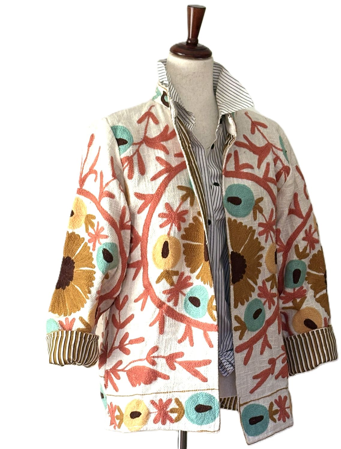 Jacket, Wearable Art, Hand Embroidered Short Suzani Top (Cream)