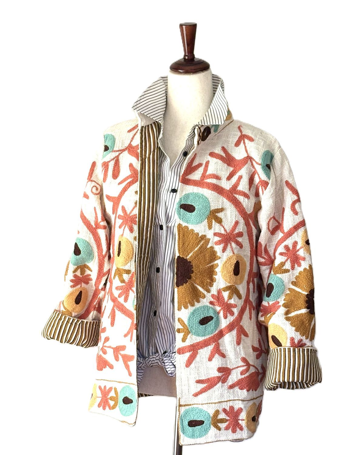 Jacket, Wearable Art, Hand Embroidered Short Suzani Top (Cream)
