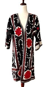 Jacket: Midi Embroidered Dramatic Suzani Top Coat. (Red Black)