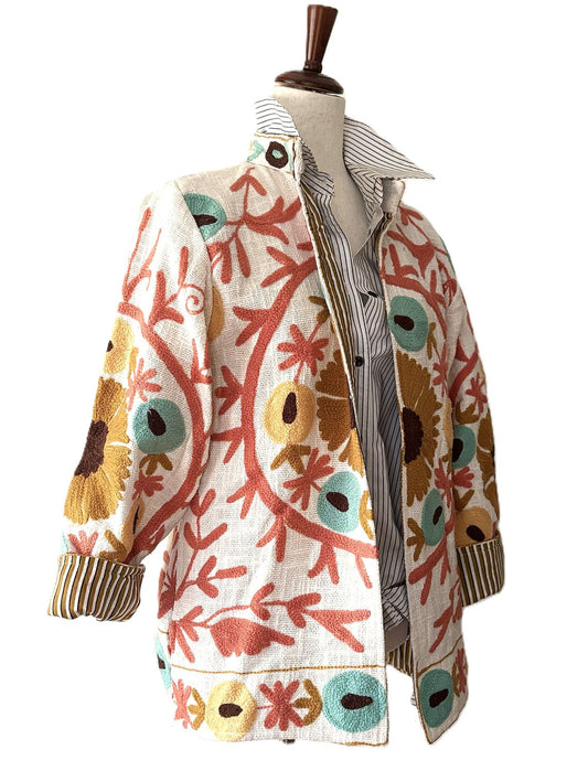 Jacket, Wearable Art, Hand Embroidered Short Suzani Top (Cream)