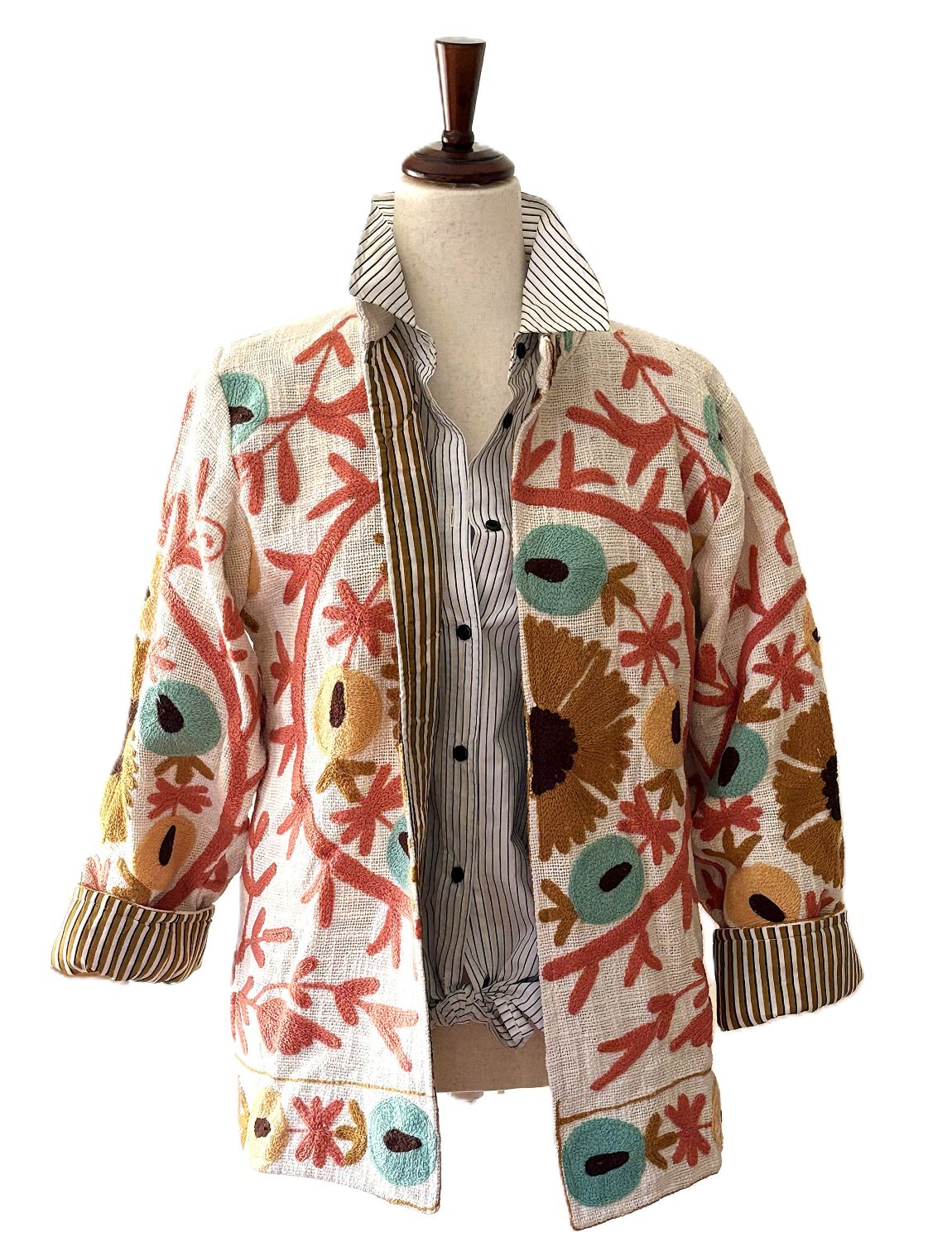 Jacket, Wearable Art, Hand Embroidered Short Suzani Top (Cream)