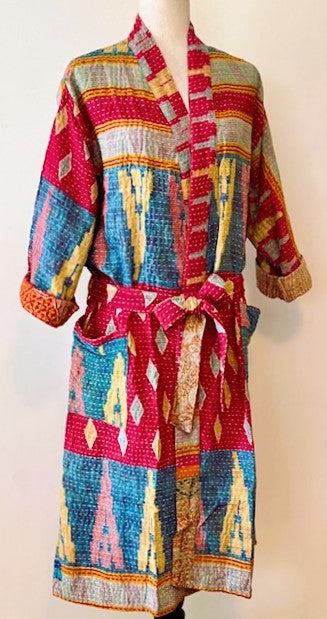 Spectacular Short Designer Patchwork Kimono. Vibrant Colors and Pattern.