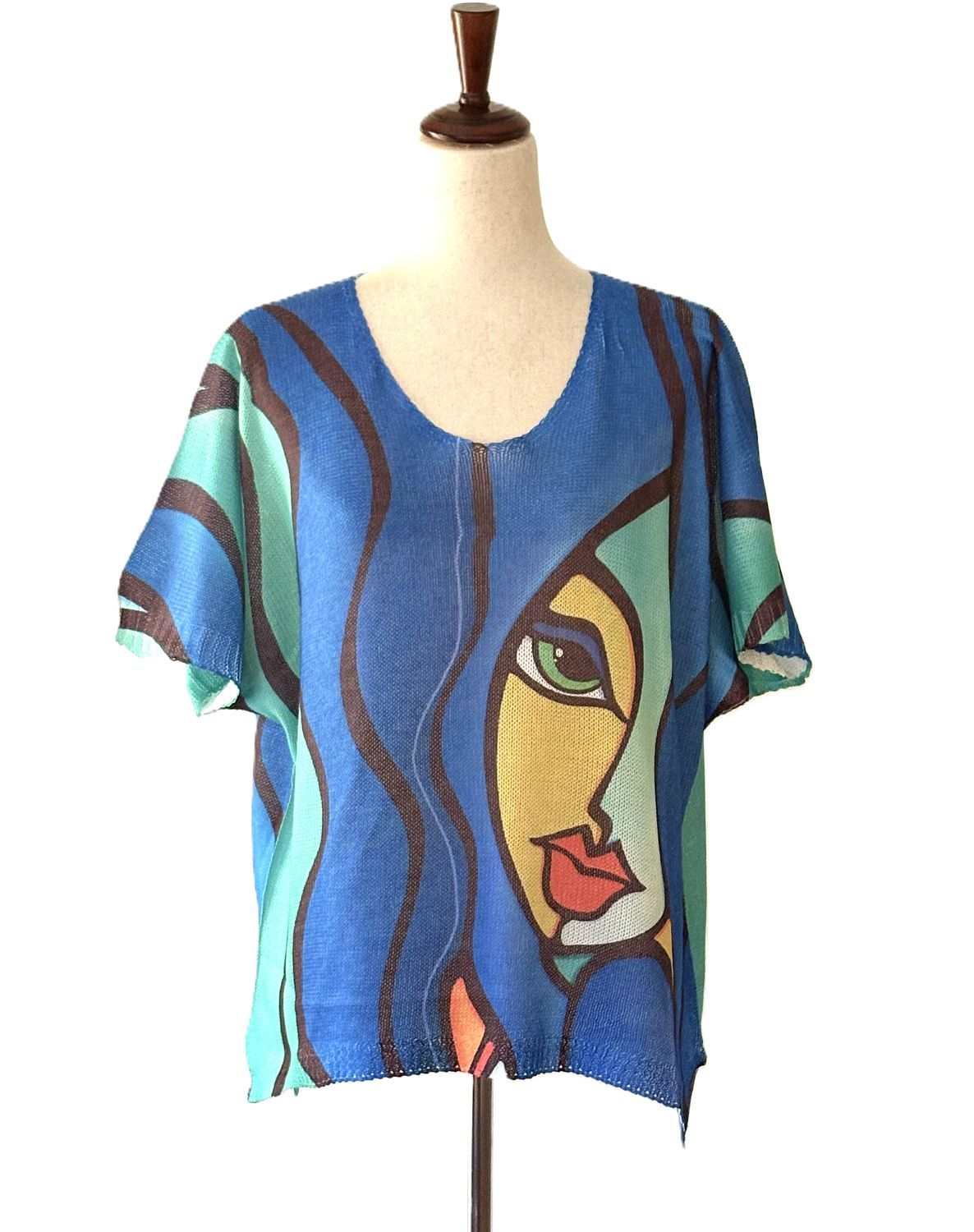 Italian Knit Sweater, One Size Blue Pop Art Face Knit
