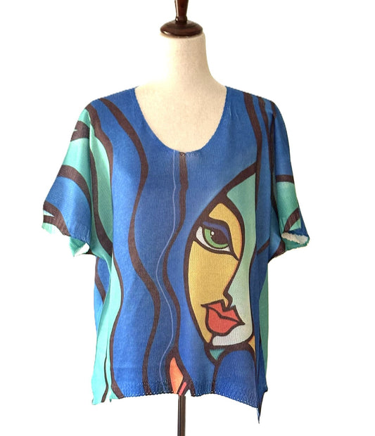 Italian Knit Sweater, One Size Blue Pop Art Face Knit