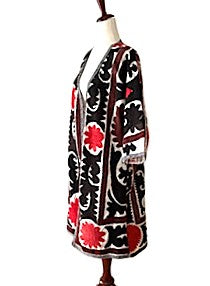 Jacket: Midi Embroidered Dramatic Suzani Top Coat. (Red Black)