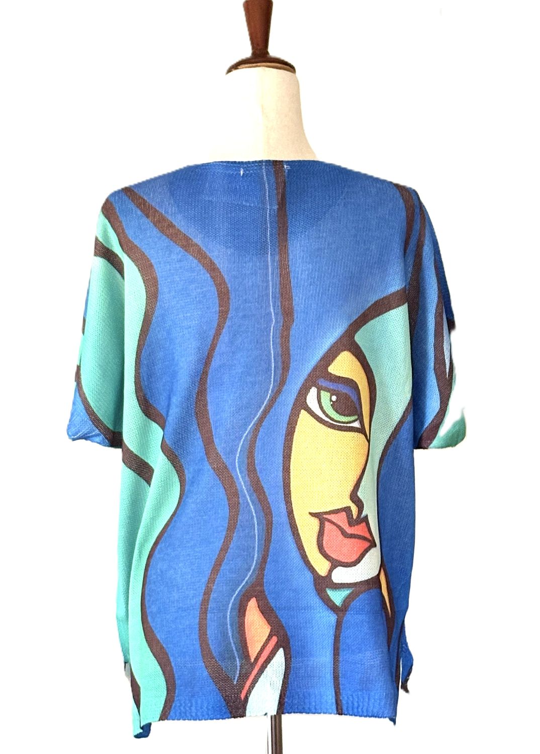 Italian Knit Sweater, One Size Blue Pop Art Face Knit