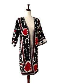 Jacket: Midi Embroidered Dramatic Suzani Top Coat. (Red Black)
