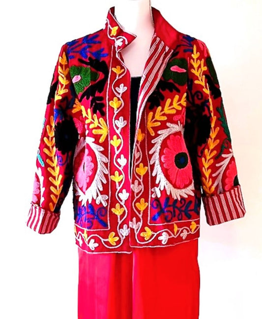 Wearable Art In This Hand Embroidered Short Jacket.  (Red)