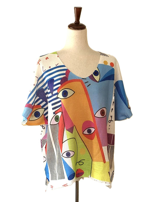Italian Knit Sweater,  One Size Family Cubist Faces