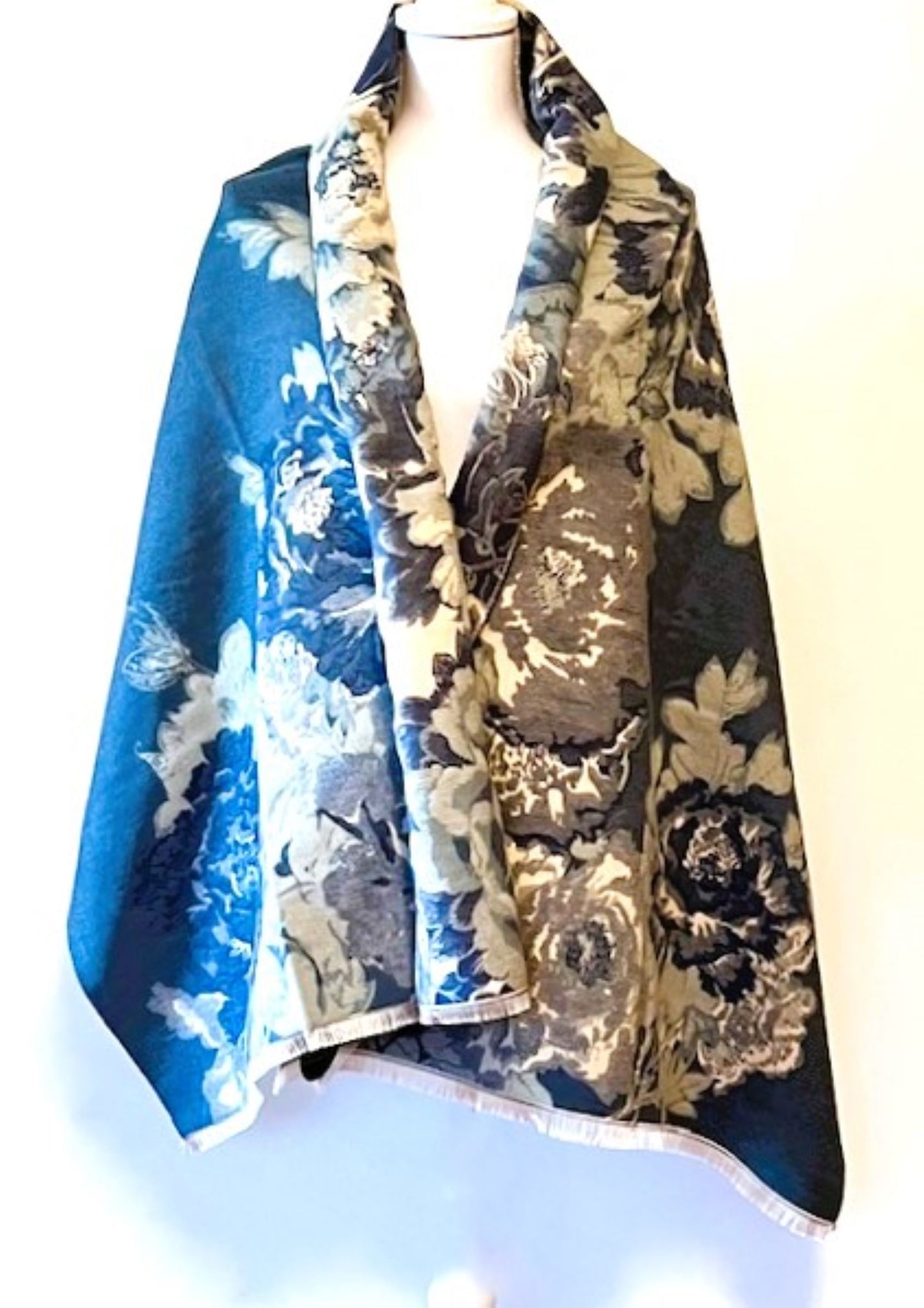 Floral Reversible Wrap – Artisan Shawl. Best Seller (Blue)