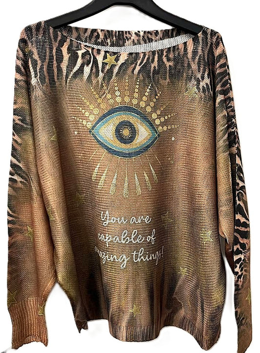 Italian Knit Sweater: Brown Eye Printed Sweater