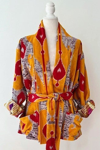 Luxurious Printed Velvet Jacket with Indian Silk Sari Lining