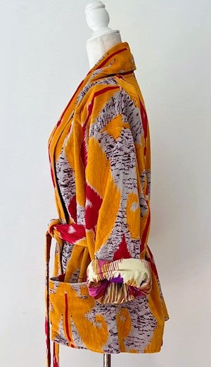 Luxurious Printed Velvet Jacket with Indian Silk Sari Lining