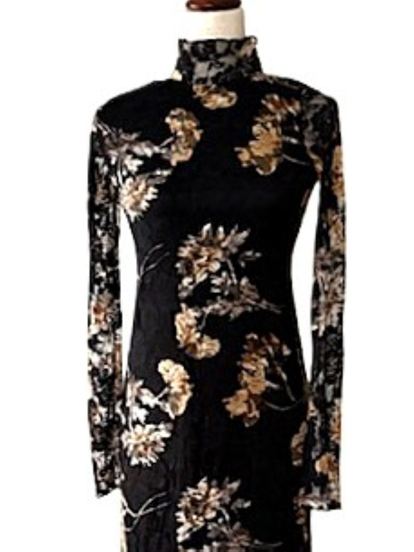 Dresses: Floral-Print Lace Long-Sleeve Mock-Neck Midi Dress (Black)