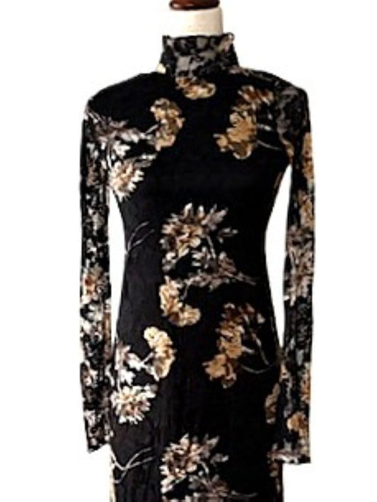 Dresses: Floral-Print Lace Long-Sleeve Mock-Neck Midi Dress (Black)
