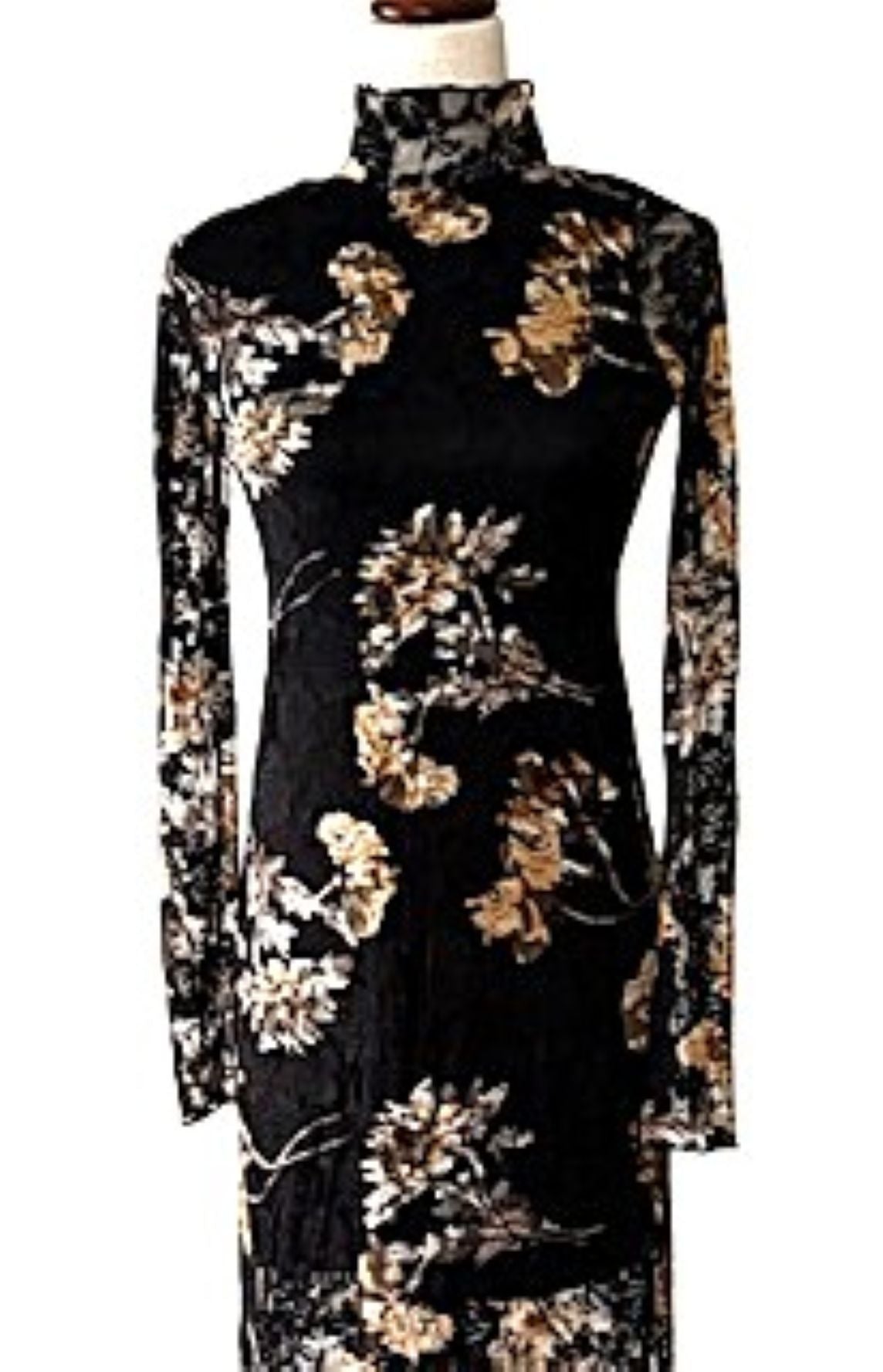 Dresses: Floral-Print Lace Long-Sleeve Mock-Neck Midi Dress (Black)