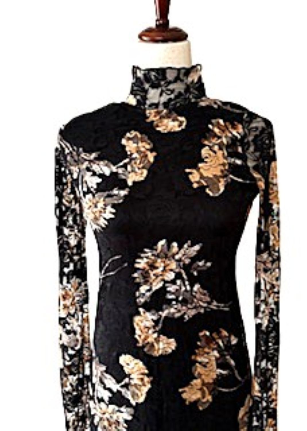 Dresses: Floral-Print Lace Long-Sleeve Mock-Neck Midi Dress (Black)